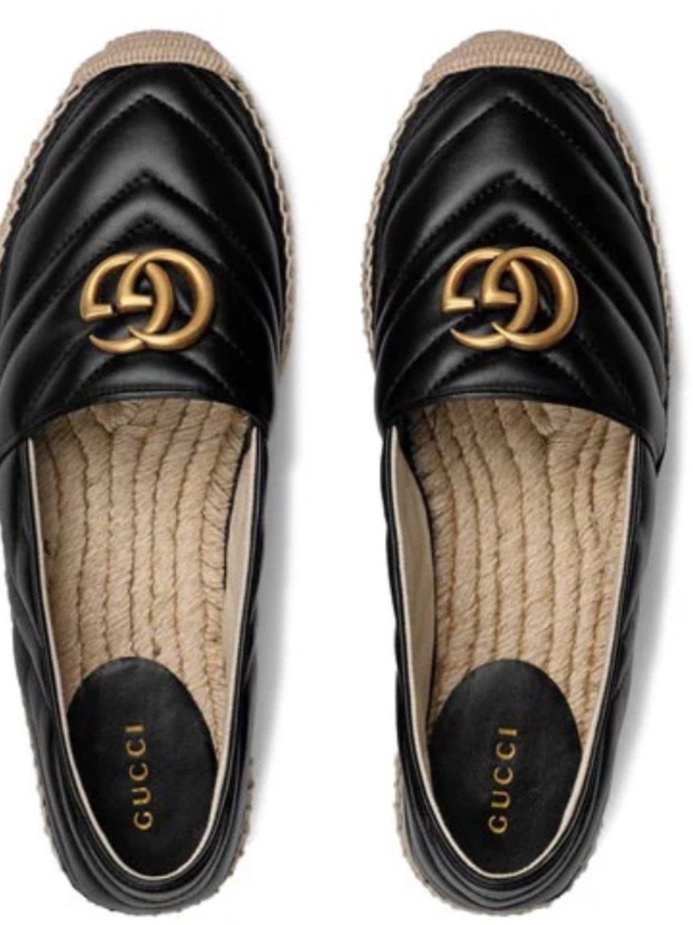 Gucci Black Quilted Leather Espadrille Flats with Gold Double G